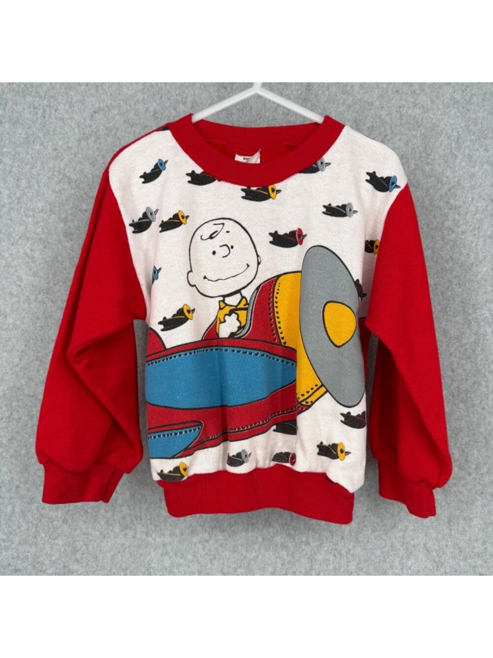 Peanuts Kids VTG 70s Snoopy Airplane Sweatshirt Size 6 Red White Big Graphic
